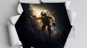 A dynamic image of an astronaut can be seen through a torn piece of paper. The astronaut is floating in space, surrounded by stars and space debris. His golden helmet reflects the light. The spacesuit is in warm shades of orange and brown. The contrast between the white, torn paper in the foreground and the dark space scene behind it creates a 3D effect, as if the astronaut is jumping out of the picture.