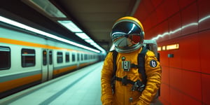 Ein Astronaut in einem leuchtend gelben Raumanzug und Helm steht in einer U-Bahn-Station. Im Hintergrund ist ein weißer Zug zu sehen. Die Station hat eine futuristische Atmosphäre mit blauen und roten Lichtern, die sich in den Wänden spiegeln. Die Szene vermittelt einen surrealen Kontrast zwischen Weltraumtechnologie und alltäglichem Stadtleben.